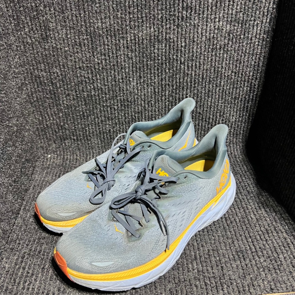 Hoka Clifton 8 Running Shoes Mens 13D Grey Yellow Hiking Gym Athletic Sneaker